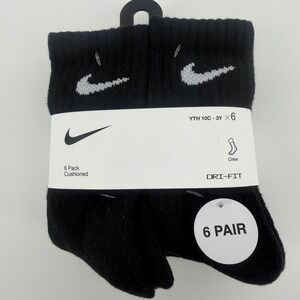 Nike Youth XS 6 Pack Black Dri-FIT Cushioned Crew Socks 10C-3Y UN0019-023
